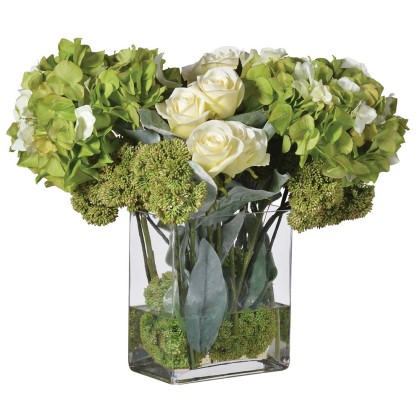 Hydrangea & Rose Arrangement in a Glass Vase Hydrangea & Rose Arrangement in a Glass Vase