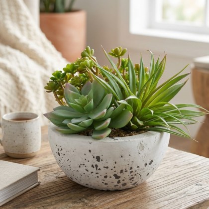 Assorted Green Succulents Arranged in a Cement Bowl Assorted Green Succulents Arranged in a Cement Bowl