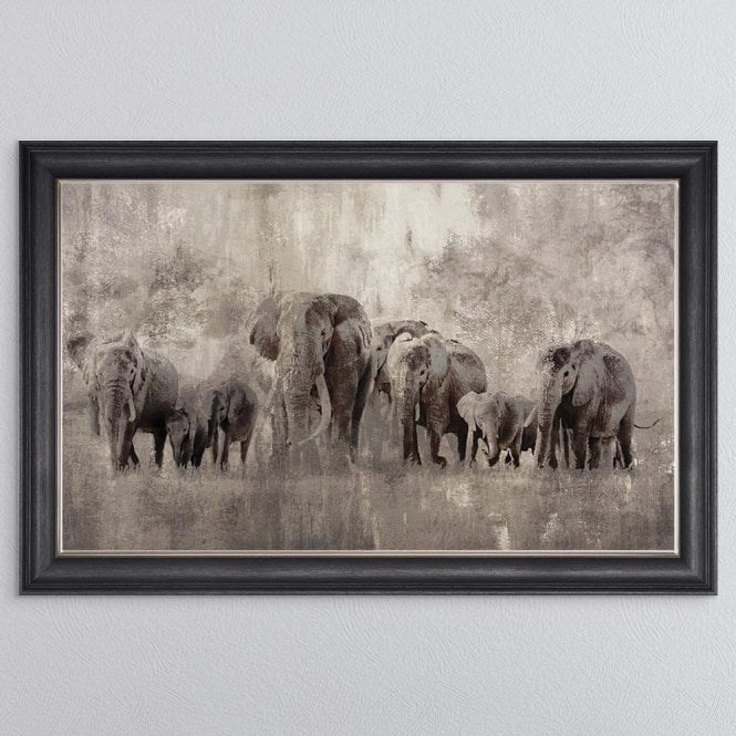 Elephants on the Move - Grey Vegas Frame - 114x74cm Elephants on the Move - Grey Vegas Frame - 114x74cm