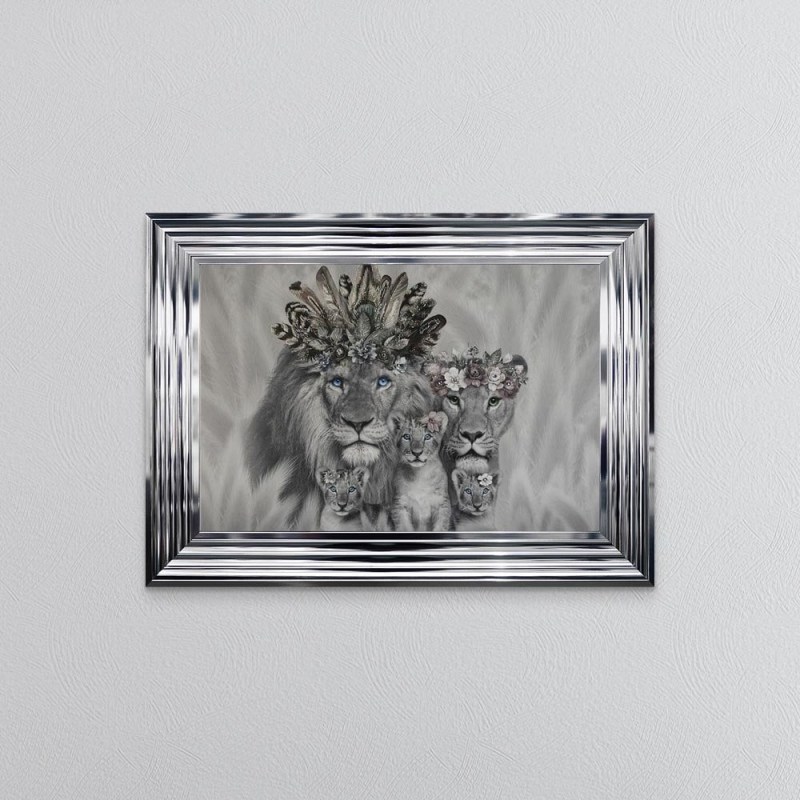 Lion Family with Three Cubs - Chrome 3 Step Frame - 55x75cm Lion Family with Three Cubs - Chrome 3 Step Frame - 55x75cm