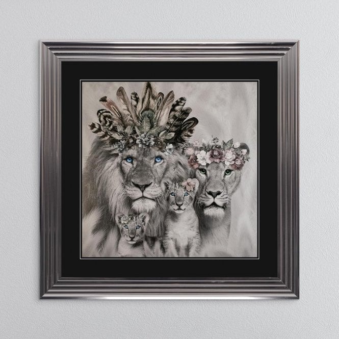 Lion Family with Two Cub - White Mount Metalic 3 Step Frame - 90x90cm Lion Family with Two Cub - White Mount Metalic 3 Step Frame - 90x90cm